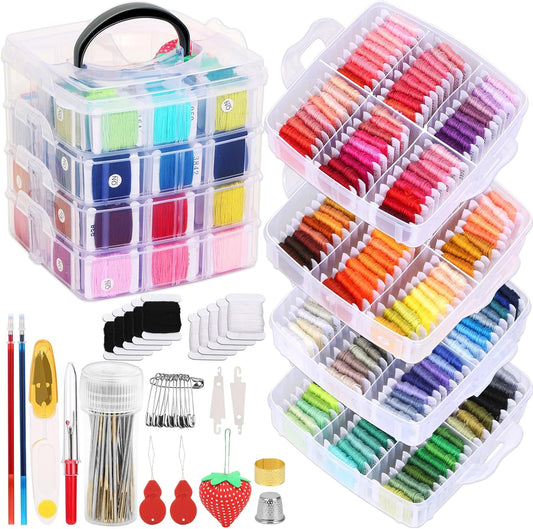 PAXCOO 276 Pack Embroidery Floss Thread Kit Including 210 Colors Cross Stitch Sewing Thread with 66 Pcs Embroidery Accessories and 4-Tier Transparent Embroidery Thread Storage Organizer Box