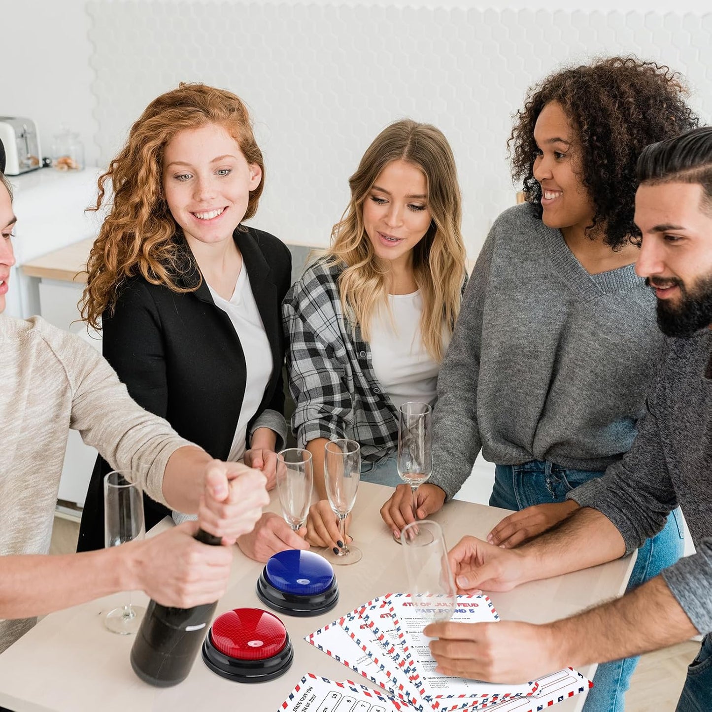 4th of July Friendly Feud Game with 2 Answer Buzzers, Independence Day Feud Cards for Family Game Night Fun Trivia Quiz for Party Office Class Groups Team Building (Red White Blue, Patriotic)