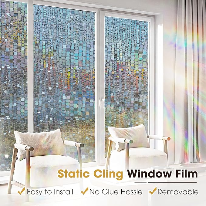 Windimiley Rainbow Window Privacy Film, 3D Stained Glass Christmas Decorative Window Clings, UV Heat Blocking Holographic Prism Stickers for Home (23.6 x 157.5In,Brown)
