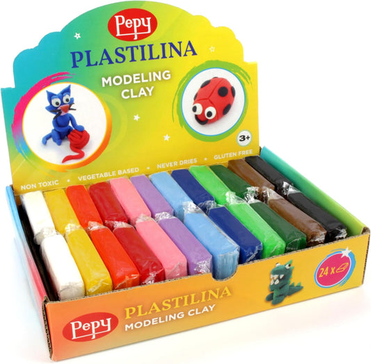 Pepy Plastilina Reusable and Non-Drying Modeling Clay Gift Set; Set of 24 Bars, 1.4 Ounce Each, 2 Each of 12 Colors, Perfect for Arts and Crafts Projects, Multicolor