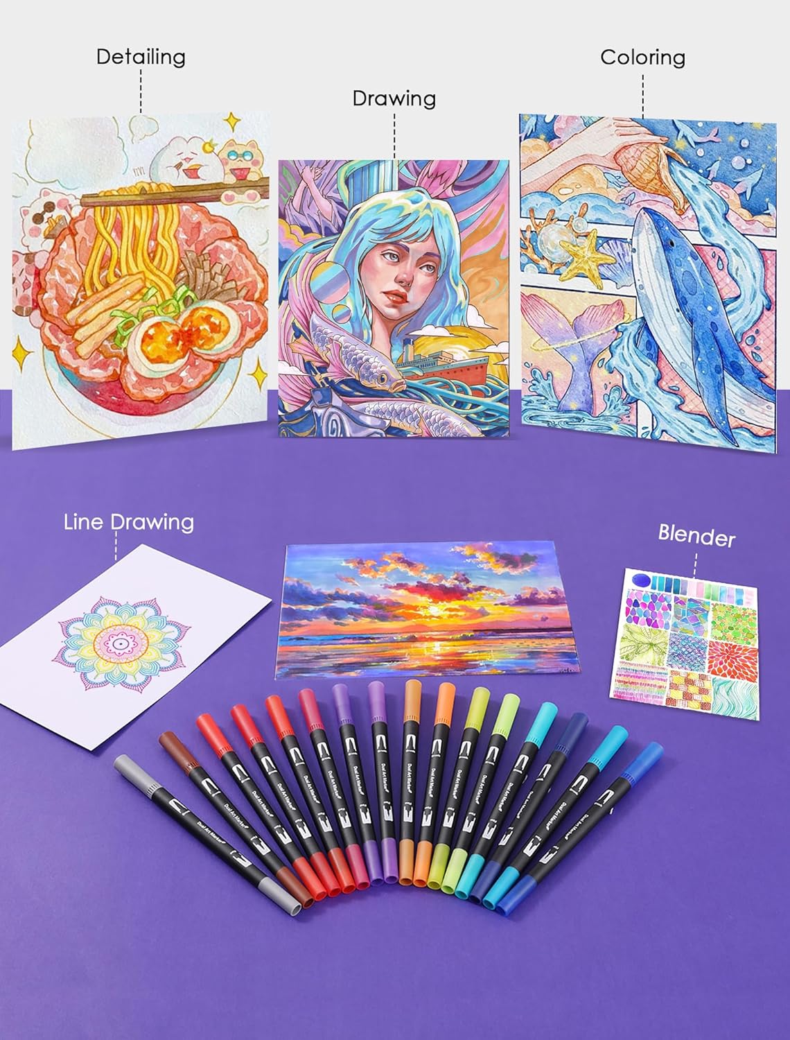 Dual Tip Markers, Double Brush Art Markers Set with Fine Tip and Brush Tip for Adult Coloring Book, Hand Lettering, Calligraphy & Drawing, Art Supplies Kit for Kids and Adults (72 Colors)