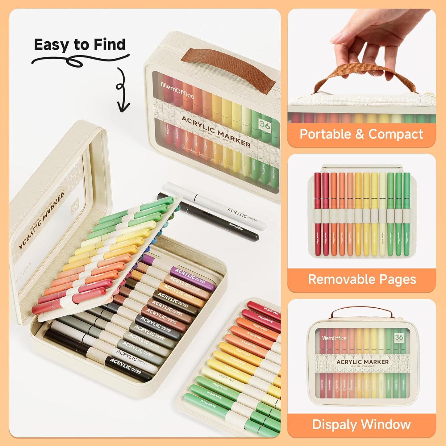 MemOffice Direct Liquid Acrylic Paint Markers, 36 Colors Brush Tip Pens with Carrying Case, No Bleed, Waterproof, for Rock, Wood, Canvas, Glass, Fabric, DIY Crafts for Adults & Kids