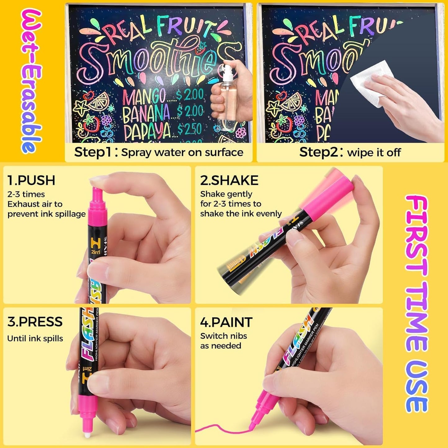 SFAIH 24 Vibrant Chalk Markers for Blackboard [1s Wet Wipe] - No Residue, 6mm Chalk Markers for Chalkboard Calendar, Glass, Window, Menus, Labels, Signs, Car, Non-Toxic, Ideal for Bistro Home School
