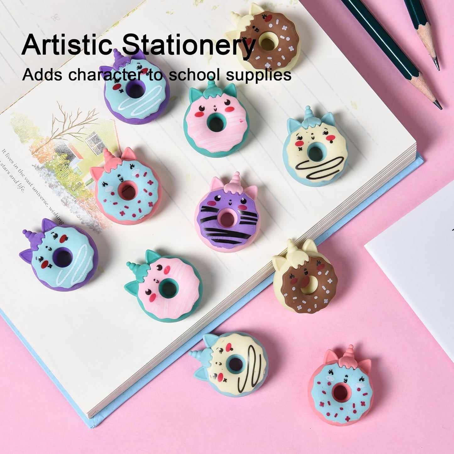 HILAZA Donut Erasers for Kids Bulk, 24 Pieces 3D Cute Fun Monster Erasers for Party Favors Classroom Prizes