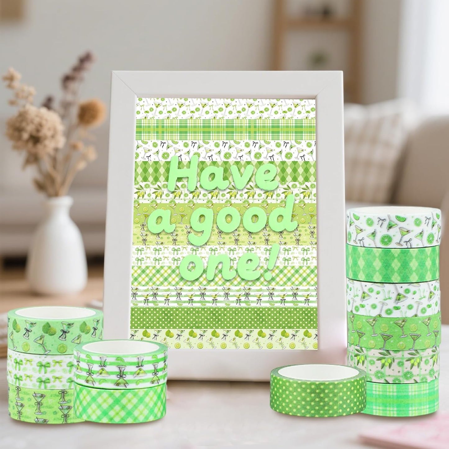 12 Rolls Greenery Washi Tape, Martini Bow Lemon Masking Tape, Checkered Martini Glass Decorative Sticker for Summer Party Afternoon Tea Scrapbook Journal DIY Craft Gift Wraps 16.4FT