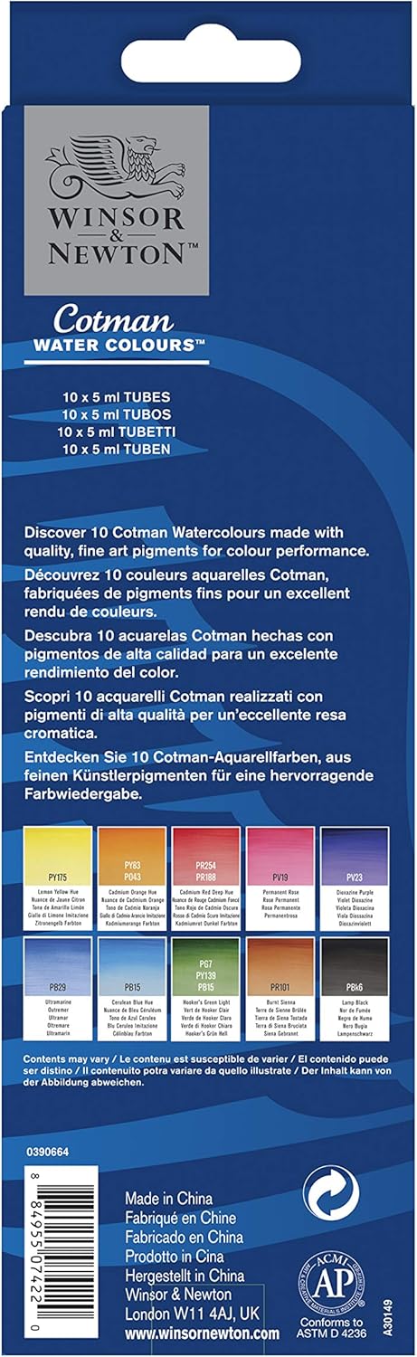 Winsor & Newton Cotman Watercolor Paint Set, 10 Colors, 5ml (0.17-oz) Tubes