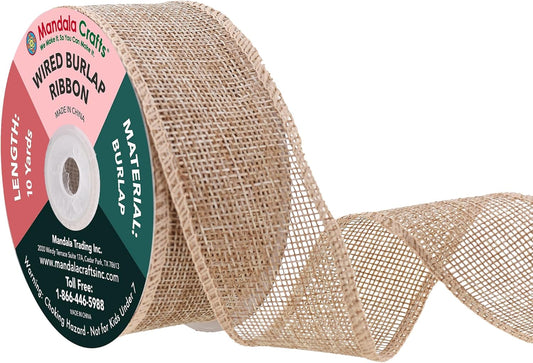 Mandala Crafts Natural Burlap Wired Ribbon 1.5 Inches Wide Jute Ribbons for Crafts - 10 Yds Roll Rustic Burlap Wrap Trim Ribbons for Wreaths Bows Party Decoration
