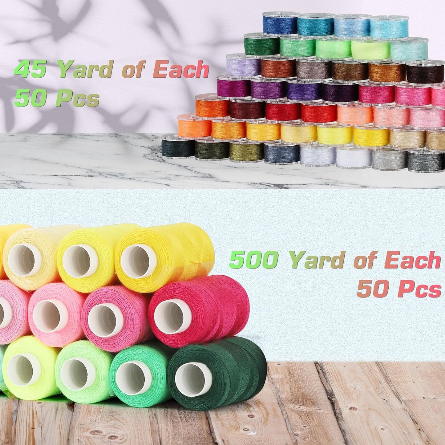 Blibly 100pcs Bobbins Sewing Threads Kit, 500 Yard Polyester Threads, Prewound Bobbins with Case, 50 Colors