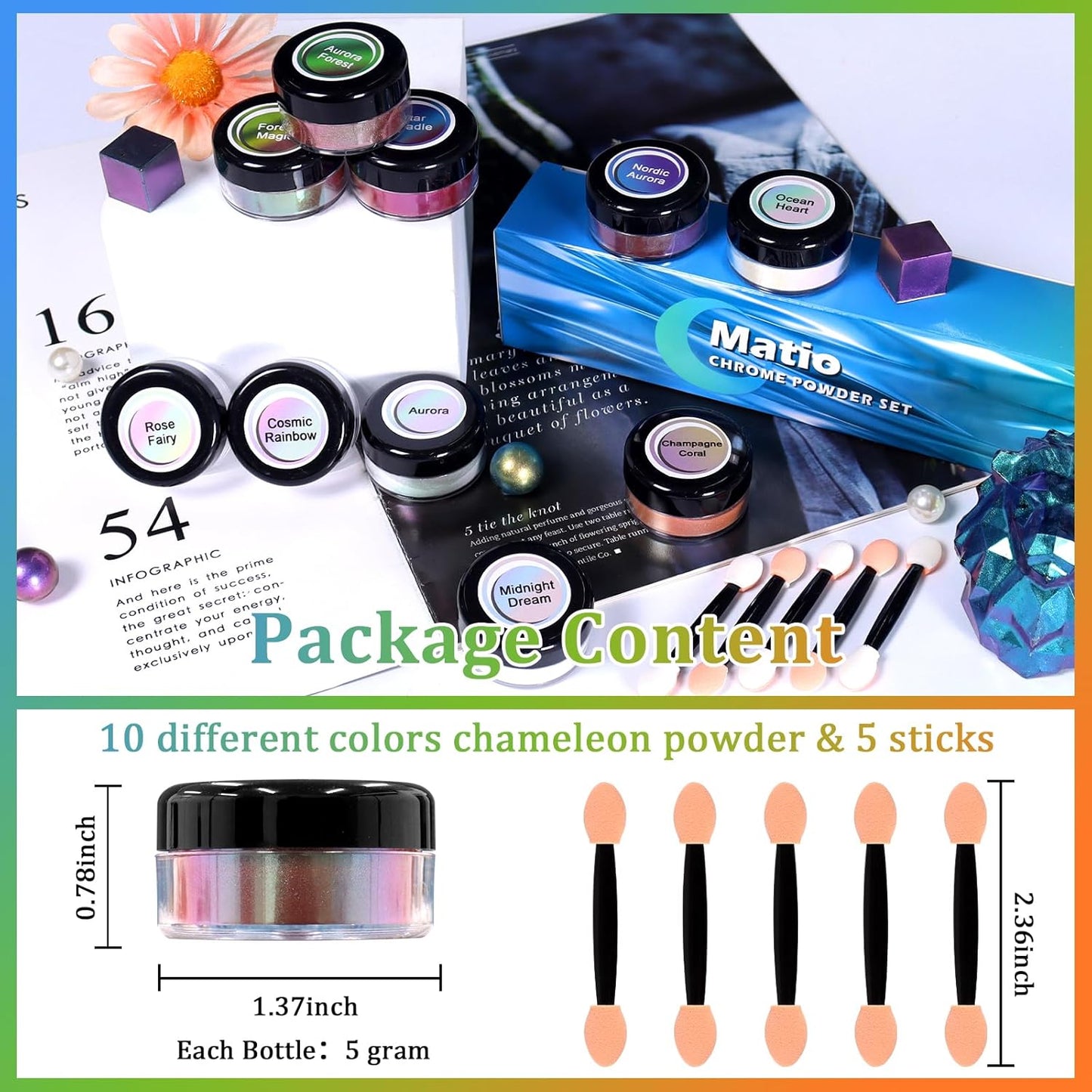 Matio Chameleon Mica Powder,10 * 5g Chrome Powder, 5 Pearlescent Effect Color Shift Pigment & 5 Chameleon White Mica Pigment Set for Epoxy Resin,Soap Candle,Nail Art,Makeup,Bath Bombs, Painting, Slime