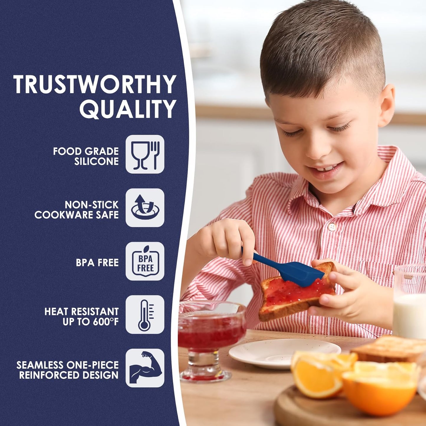 Heat Resistant 600℉ Silicone Spatula, Turner Mixing Spatulas set BPA Free Dishwasher Safe for Nonstick Cookware, Classic Blue