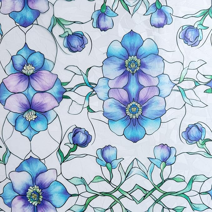 Etched Window Privacy Film Blue Purple Floral Sliding Glass Door Tint No Glue Static Cling Decals 3D Rainbow Decorative Covers Iridescent Anti UV Removal DIY Home Office,17.5X78.7in.