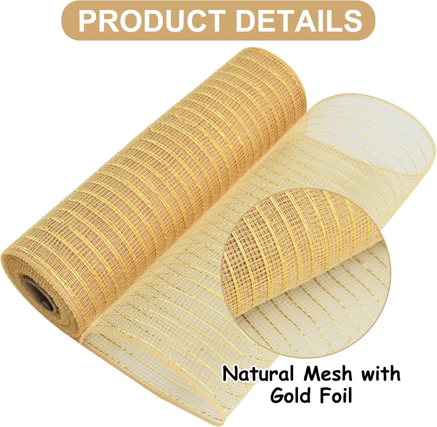 TONIFUL 2 Rolls 10 Inch Khaki Decorative Mesh Ribbbon Rolls, Fabric Mesh with Foil for Wreath Supplies, Front Door Wreath Crafts Tree Decor Christmas NewYears Halloween Decoration (10 yds/roll)