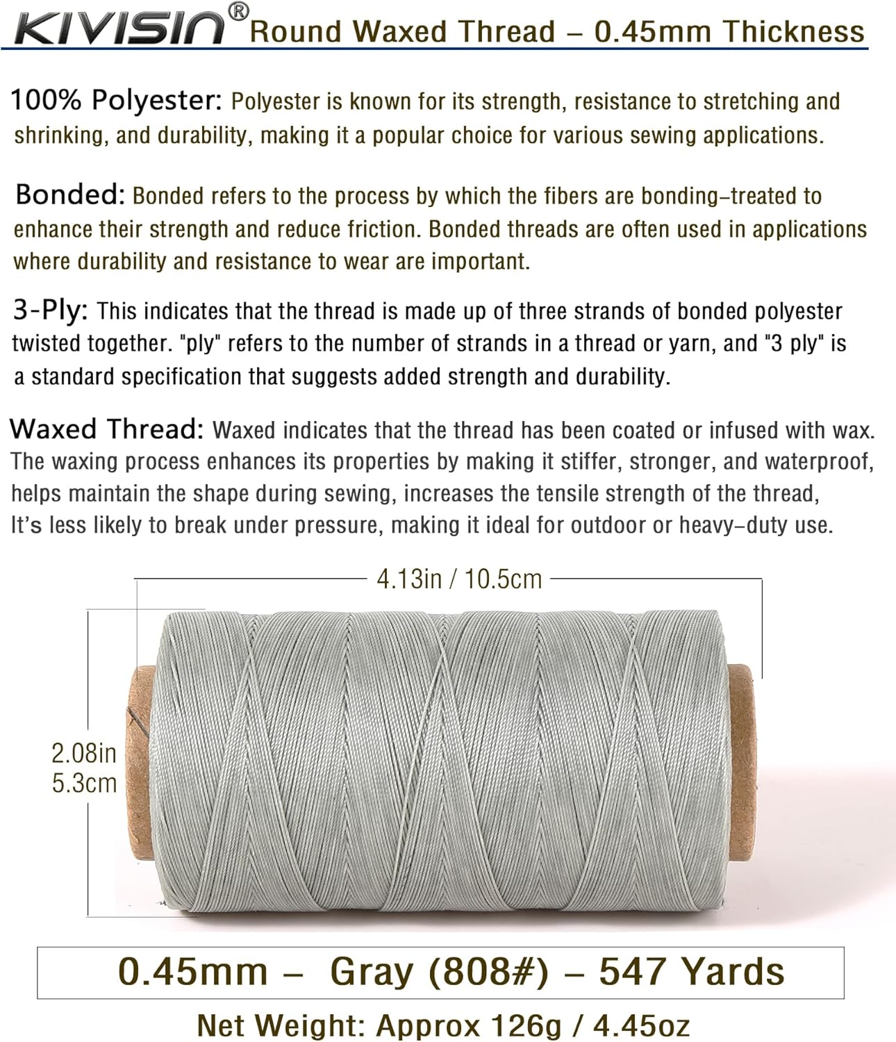 Thin Wax Polyester Thread, 0.45mm, 547 Yards, 3 Ply Round Waxed Cord Strings for Sewing, Beading, Binding, Micro Braiding, Fine Leather Craft and Micro Macrame Jewelry - Gray