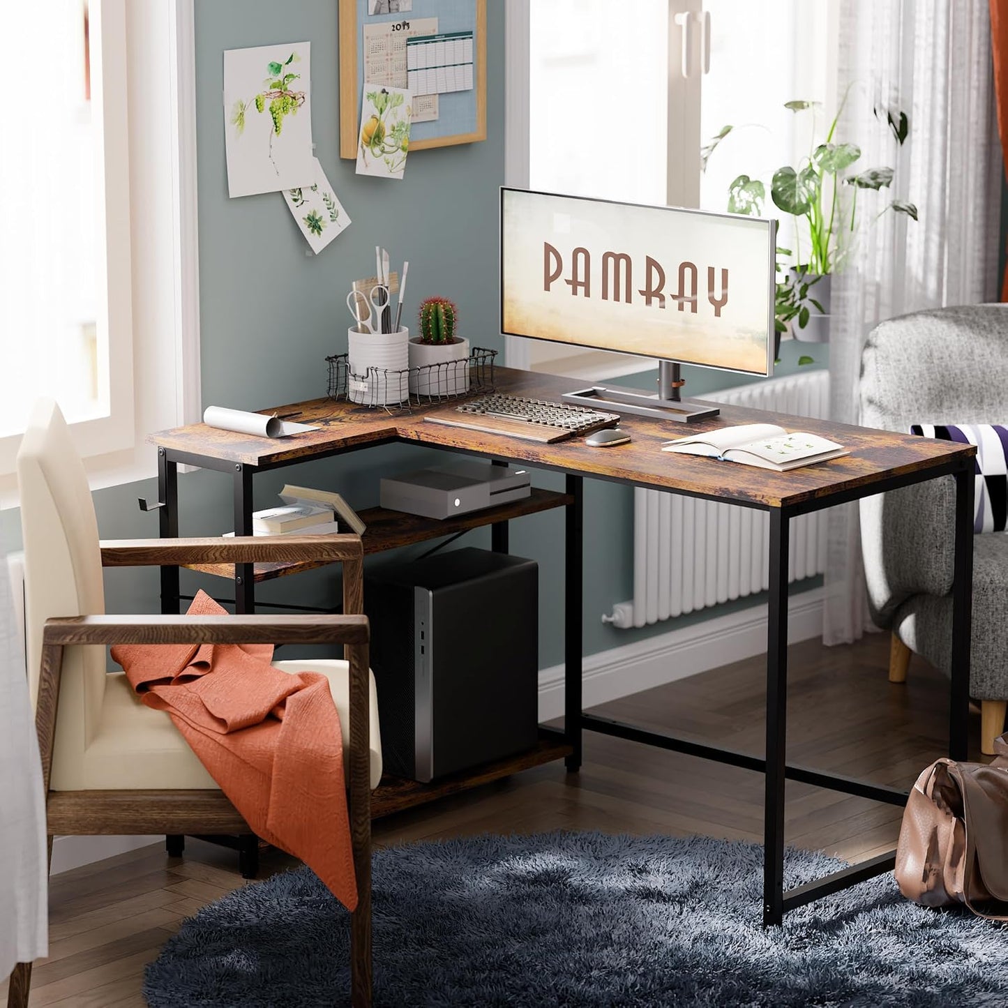 Pamray 43 Inch L Shaped Computer Desk with Reversible Side Storage Shelves, Small Corner Desk for Small Space Home Office,Writing Study Table PC Desk for Bedroom,Vintage