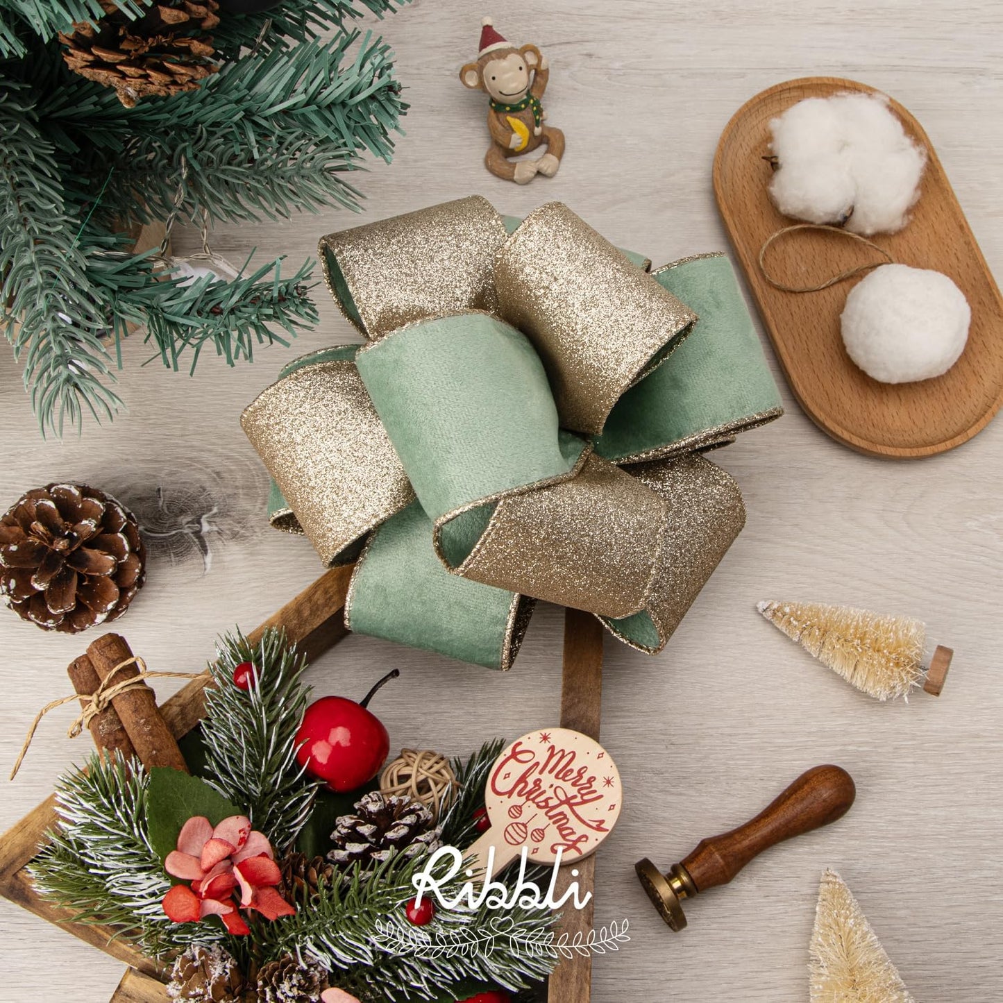 Ribbli Sage Velvet Wired Ribbon 2.5 Inch Sage Velvet with Champagne Glitter Christmas Ribbon for Christmas Tree Decoration Big Bow Gift Wrapping Crafts Wreaths Supplies- 10 Yards