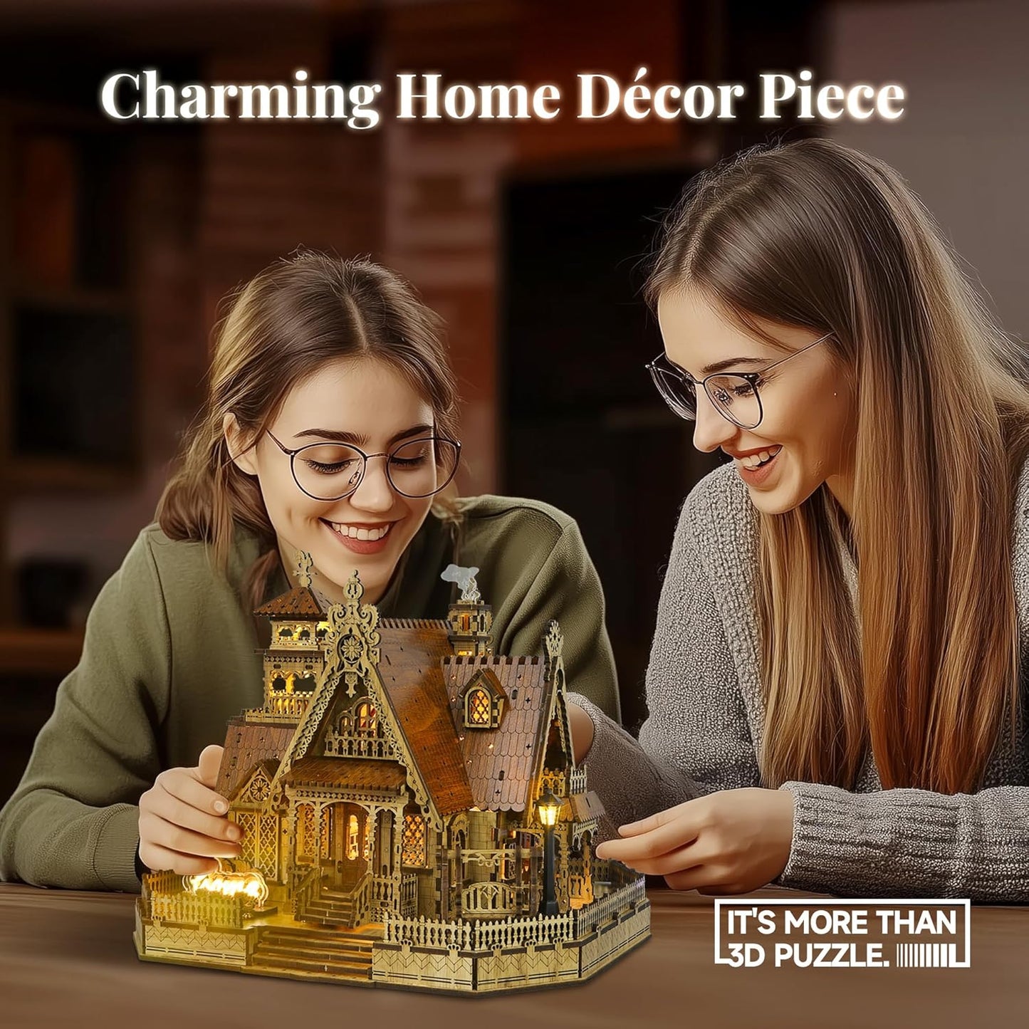 LED 3D Wood Puzzle Countryside Cottage Model - DIY Miniature Building Kit with Spark LED Lights - 3D Craft Rural Architecture Home Décor Gift for Adults