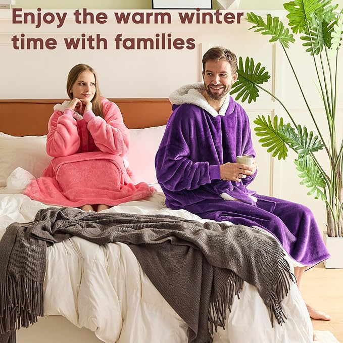 yescool Wearable Blanket Hoodie, Flannel Sherpa Fleece Blanket Sweatshirt for Adults Women Men,One Size Fits All