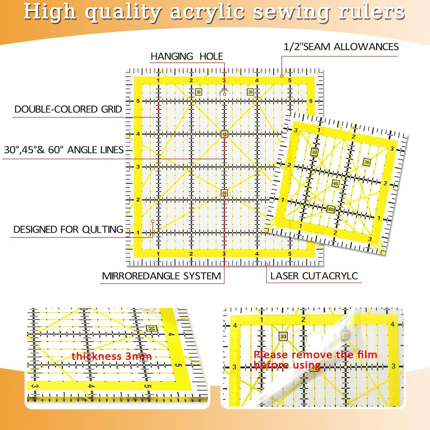 Quilting Rulers, Sewing Ruler (2.78"x12", 3.5", 4.5", 6", 9.5", 12.5"), Acrylic Ruler for Cutting Fabric, Rulers for Quilting and Sewing, Non Slip Sewing Supplies