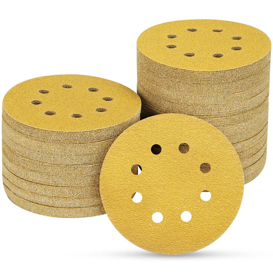 100PCS 5 Inch 8 Hole Sanding Discs 80 Grit,Gold Round Hook and Loop Sandpaper for Random Orbital Sander