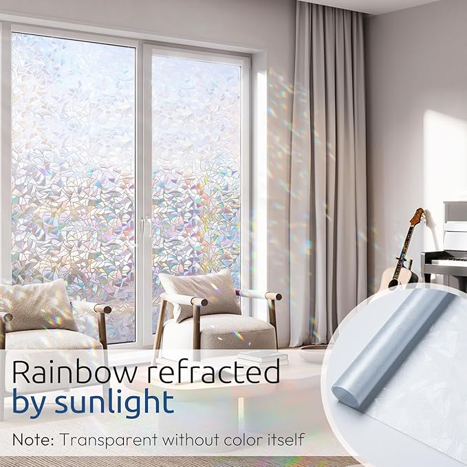 rabbitgoo Window Privacy Film Rainbow Film Decorative Window Sticker, 3D Static Stained Glass Cling Tint for Home Heat Control Non-Adhesive, 23.6 x 157.4 inches