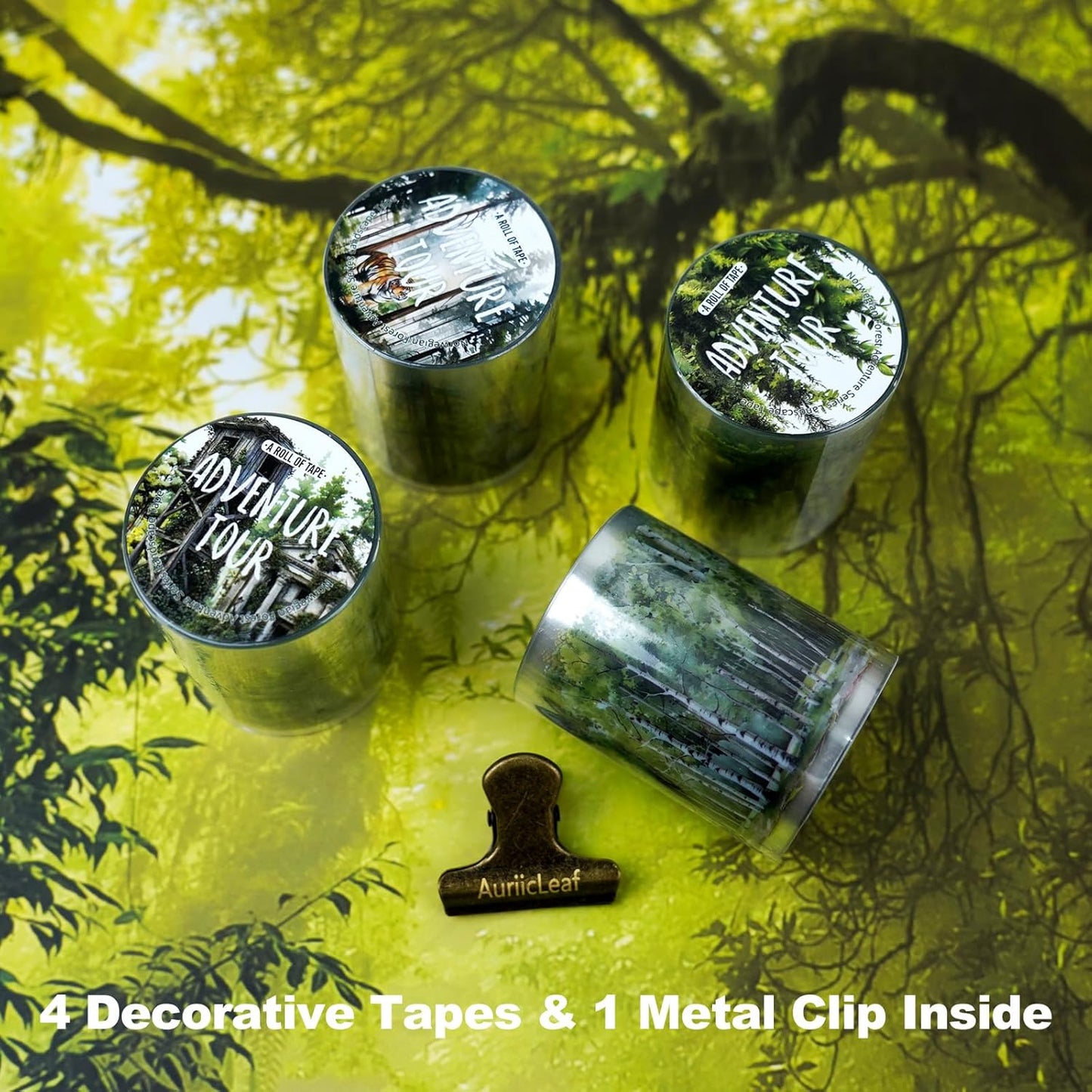 Forest Adventure Transparent PET Scrapbook Tape Set with Clip - 4 Rolls Tree and Landscape Scenery Design Stickers for Journals Planners Crafts and Gift Ideas