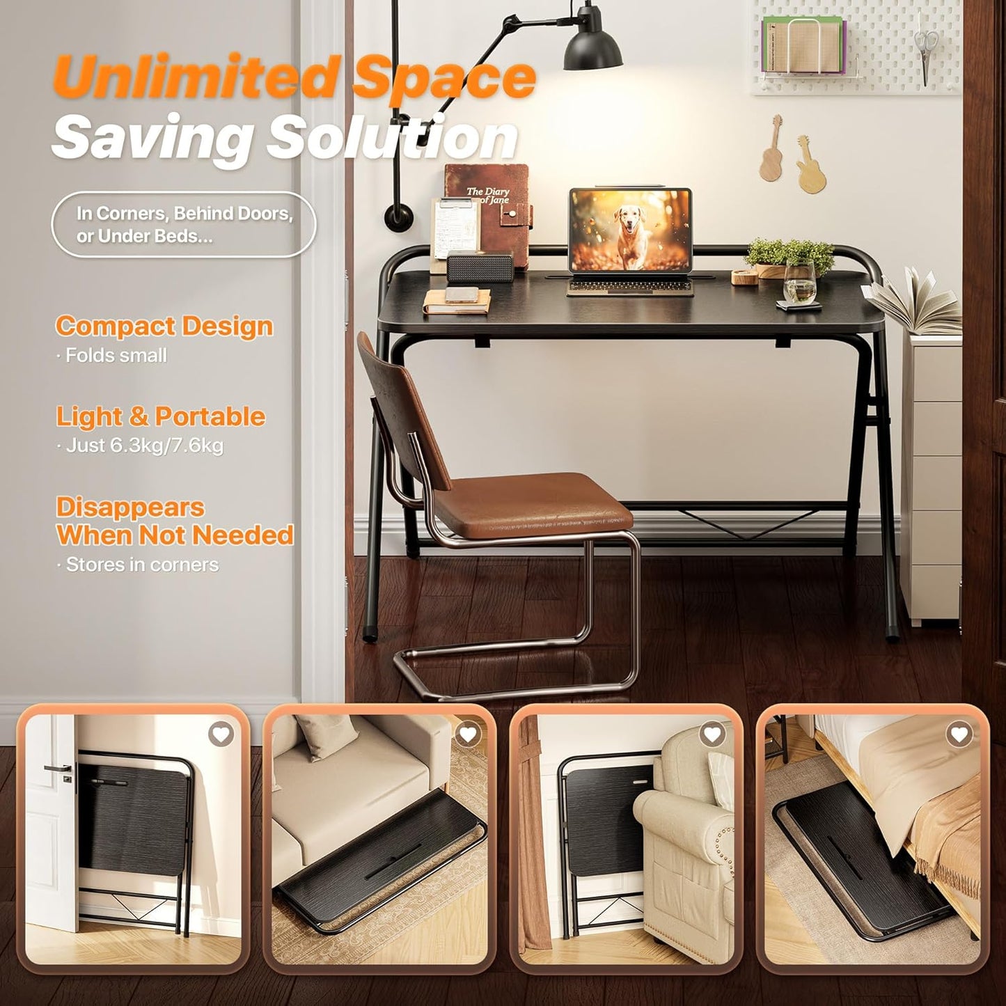 Huuger Folding Desk with 3-Level Adjustable Height and Tablet Slot, 32 Inch Foldable Computer Desk for Small Spaces, Space Saving, Writing Work Table for Home Office, Bedroom, Study, Black