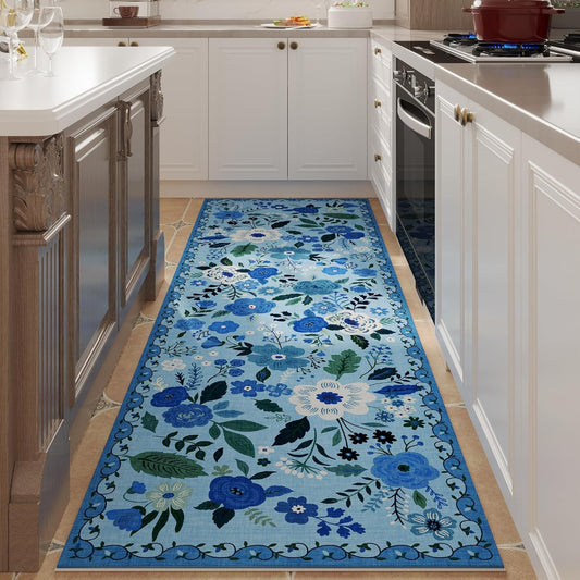 Rugcomf Runner Rug for Hallways Kitchen Rug Non Slip 2'x 6' Washable Runner Rugs with Rubber Backing Soft Floral Carpet Runner for Hallways, Kitchen, Laundry, Bedroom, Bathroom(Blue)