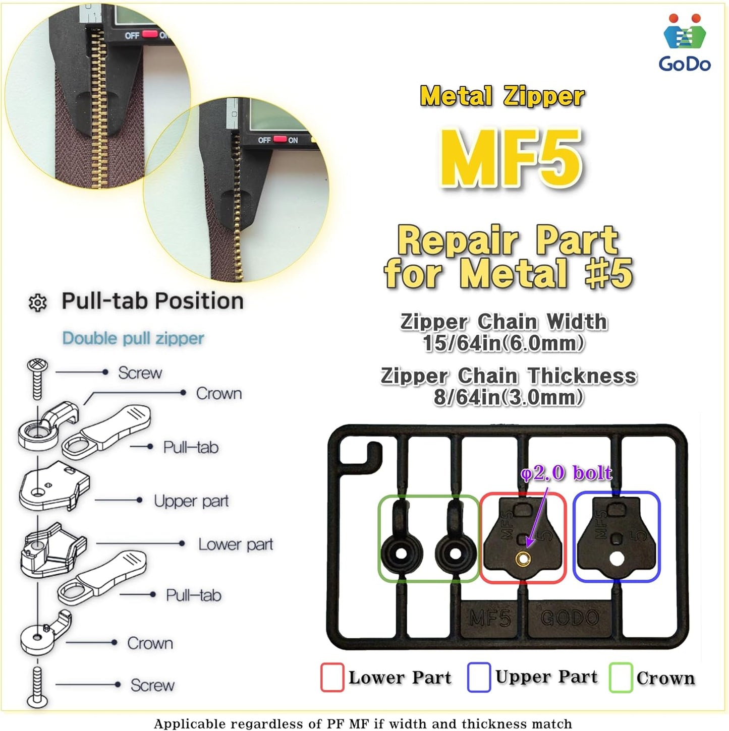 GODO MF5-2EA Metal Zipper Slider Repair Replacement Kits - #5 Single or Double Puller