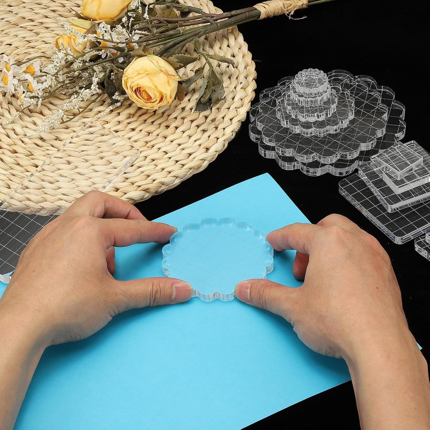 PATIKIL 1.2"x1.2" Acrylic Stamp Block, 6Pcs Clear Stamping Block with Grid Lines Decorative Mounting Blocks Wave for Scrapbooking DIY Crafts Card Making