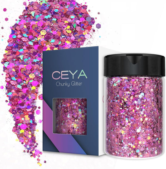 Ceya Holographic Chunky Glitter, 4.9oz/ 140g Violet Craft Glitter Powder Mixed Chunky & Fine Flakes Iridescent Nail Sequins for Nail Art, Hair, Epoxy Resin, Tumblers, Slime, Painting, Festival Decor