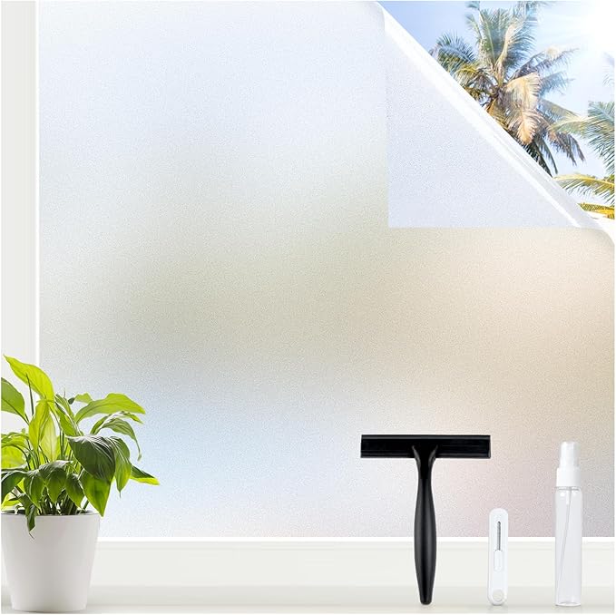 rabbitgoo Window Privacy Film for Glass Windows with Kit Decorative Clings UV Blocking Heat Control Static Cling Removable Bathroom Bedroom Door Home Coverings Pure, 23.6 x 78.7 inches