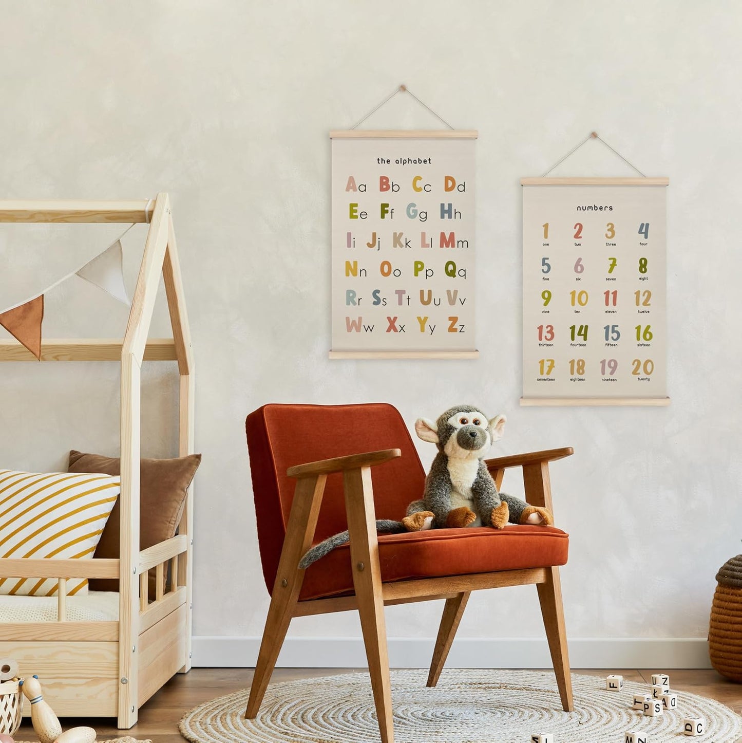 HRQKO Boho Alphabet Numbers Poster Hanger Frame Set of 2, Classroom Wall Decor, Abc Poster Wall Art with Wooden Frames, Alphabet Banner Wall Hanging Decor for Toddler Playroom Nursery, 16x24 inch