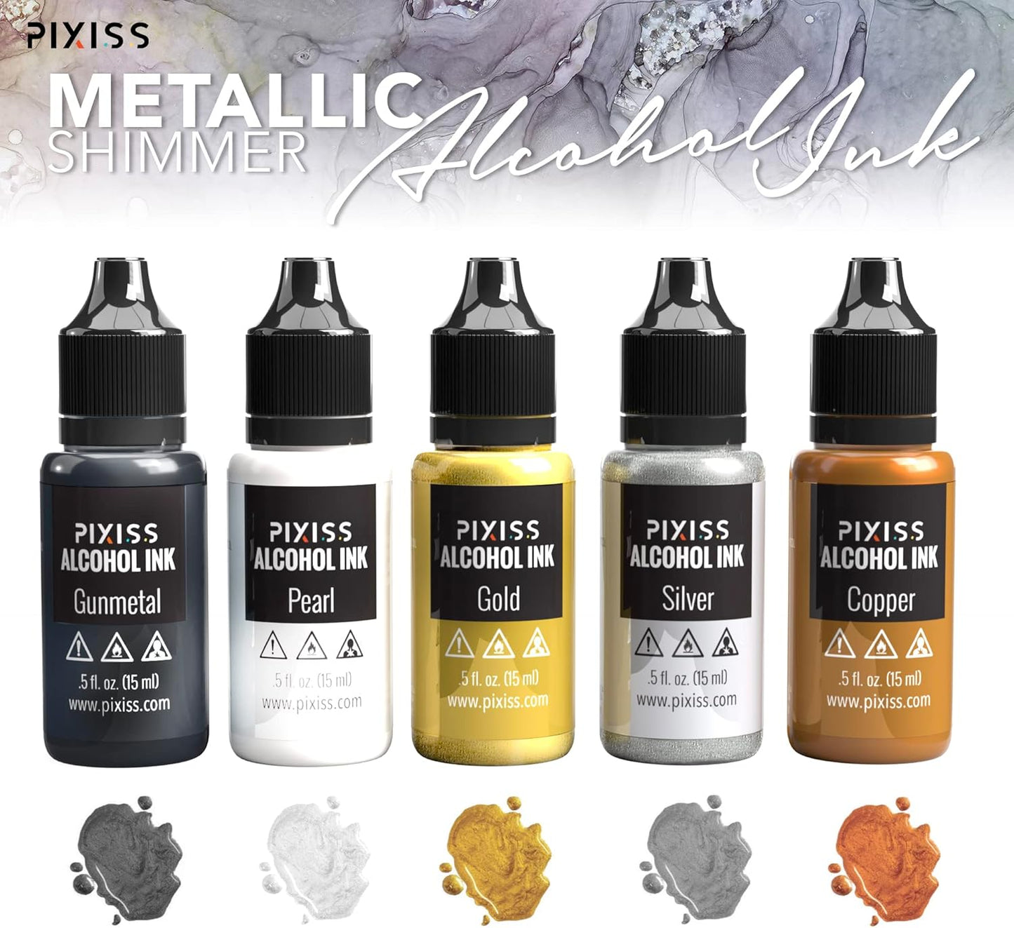 Metallic Alcohol Ink Set - Gold, Silver, Gunmetal, Copper, Pearl with Extreme Shimmer - Large 0.5 Ounce Inks