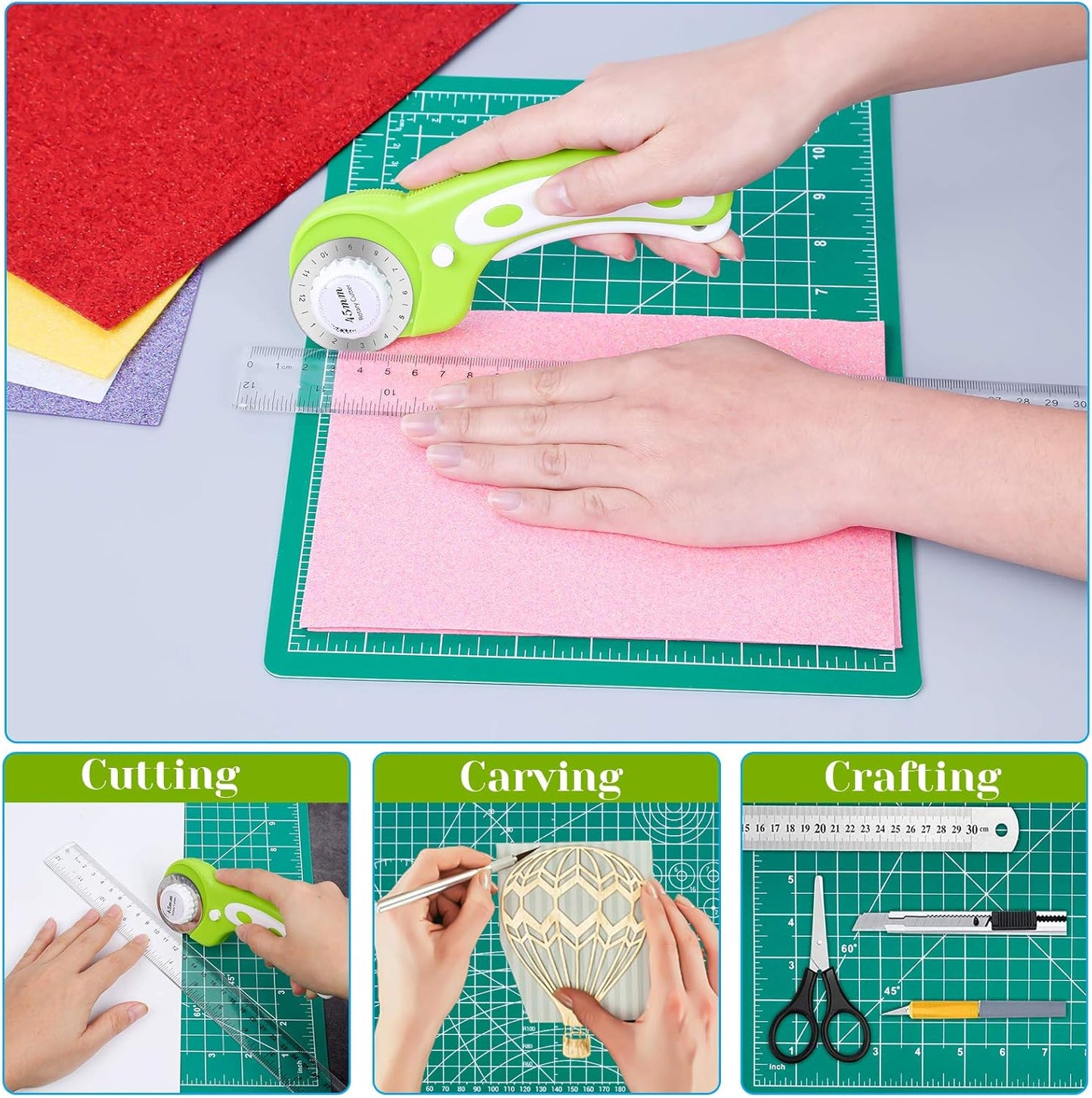 Rotary Cutter Set, Audab Self Healing Sewing Mats Rotary Cutter and Mat 45mm Rotary Fabric Cutter Set with 2 Blades Rotary Cutting Mat for Crafts Fabric Quilting Hobby (9" x 12" (A4))