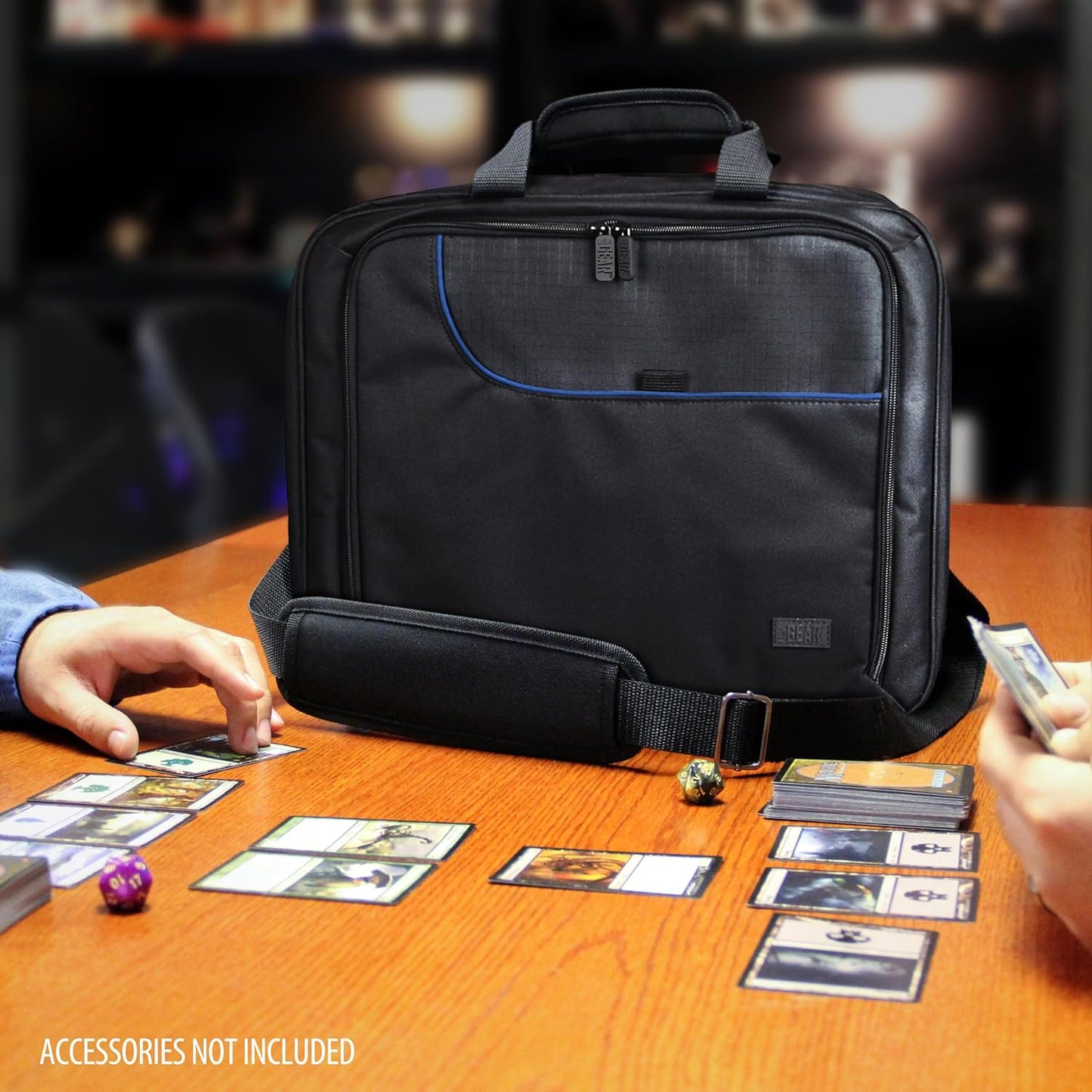 USA Gear XL Trading TCG MTG Deck Box Bag Travel Case - Large MTG Card Storage Bag with Padded Shoulder Strap, Customizable Interior, Weather Resistant - Fits Deck Boxes & Sleeved Cards - Blue
