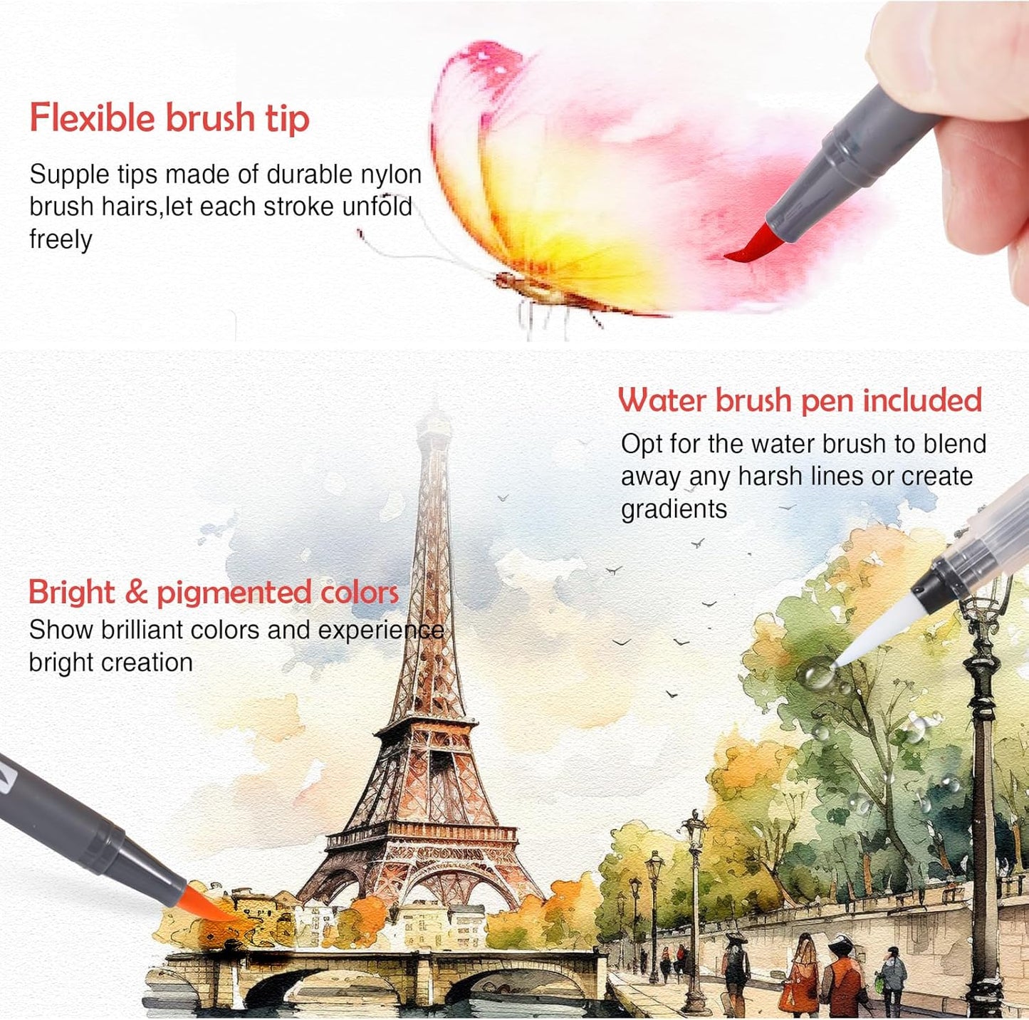 24 Colors Blendable Watercolor Markers 2025 Upgrade Double Tip Paint Pens with 1 Water Brush Pen Water Based Coloring Pens Drawing Markers Set with Flexible Brush Tip for Artists and Beginners