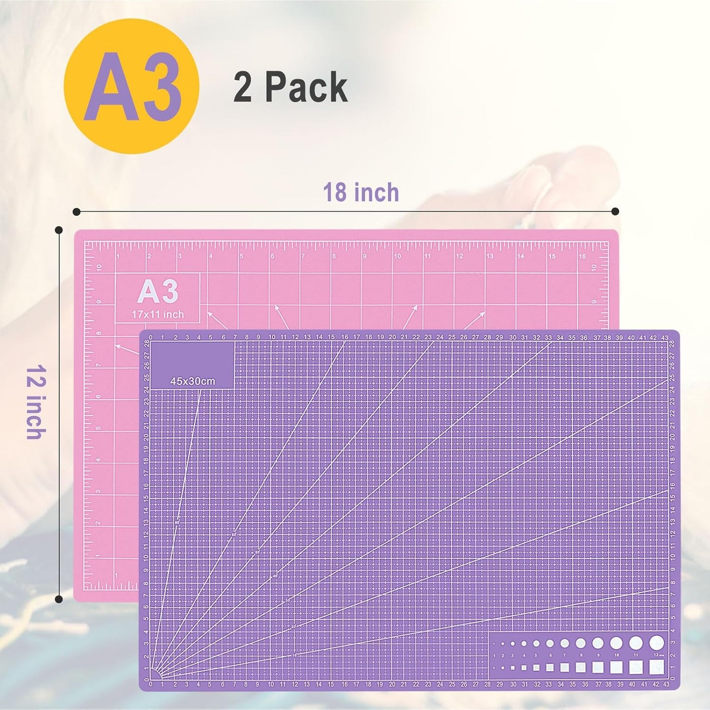 2 PCS Self Healing Cutting Mat 12" x 18": Sewing Rotary Cutting Mat for Crafts and Fabric Sewing Scrapbooking Quilting and Precision Cutting Purple & Pink Design (2, Purple & Pink)