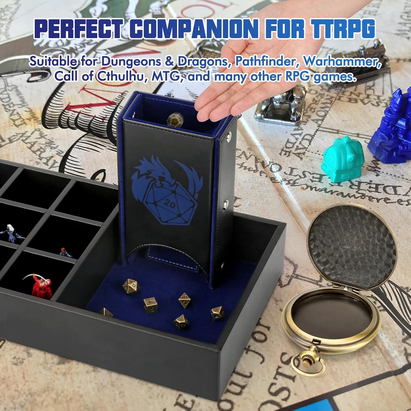 DND Dice Tray & Tower Storage Box, 4 in 1 D&D Dice Holder Case (Dice Rolling Tray, Dice Roller Tower, Dice & Miniature Storage), Great RPG Accessories Gifts for Dungeons and Dragons MTG DM & Player