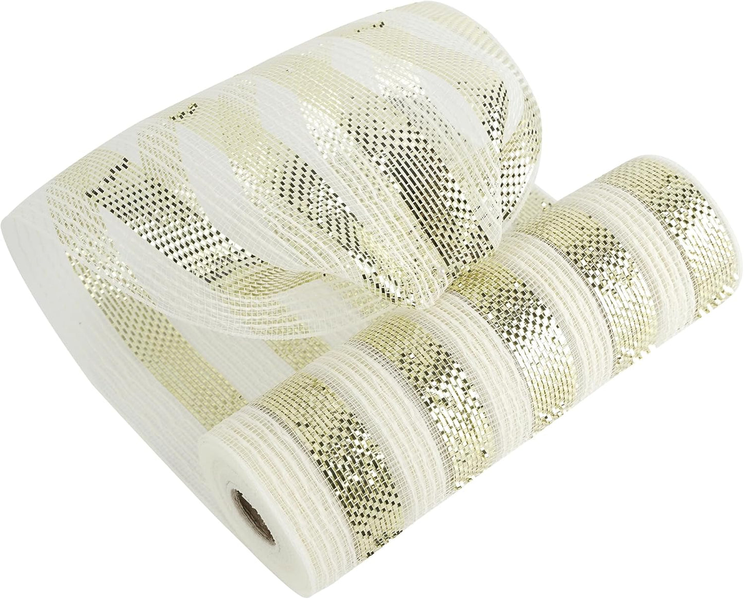 MEEDEE Cream Cotton & Deluxe Metallic Champagne Striped Deco Mesh - 30 Feet for Christmas Tree, Wreaths, Garland, Gift Wrapping, Bows Making