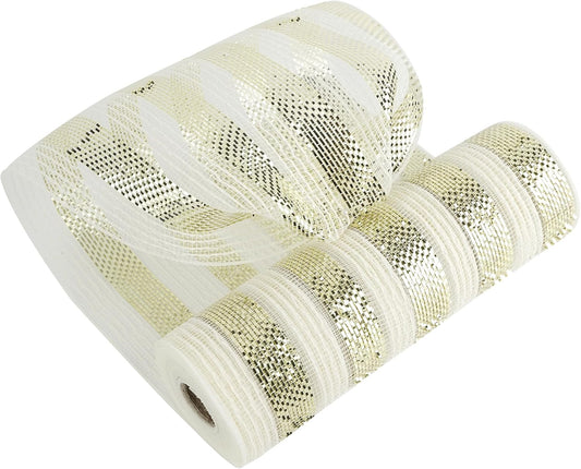 MEEDEE Cream Cotton & Deluxe Metallic Champagne Striped Deco Mesh - 30 Feet for Christmas Tree, Wreaths, Garland, Gift Wrapping, Bows Making