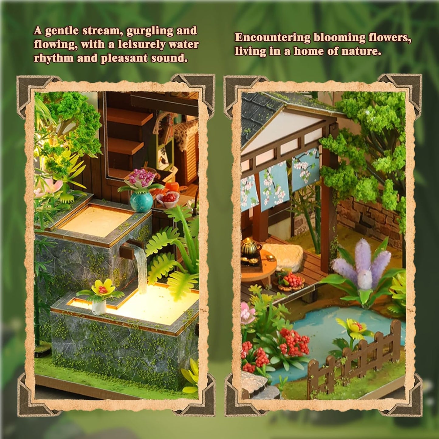 Miniature House Kit, Book Nook, 3D Wooden Puzzle, DIY Miniature Kit, Dollhouse Kit, Mini House Building Kit, Doll House Kits for Adults Teen to Build (Spring Courtyard)