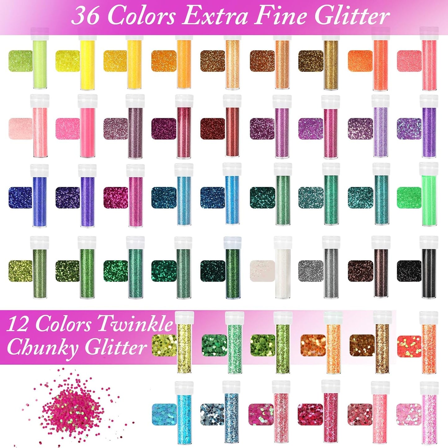 Glitter, 48 Colors Fine Glitters for Resin, Craft Glitter Bulk for Resin Accessories DIY Slime Candle, Extra Fine Glitters Powder for Nail Art, Body Hair Face, Christmas Glitters