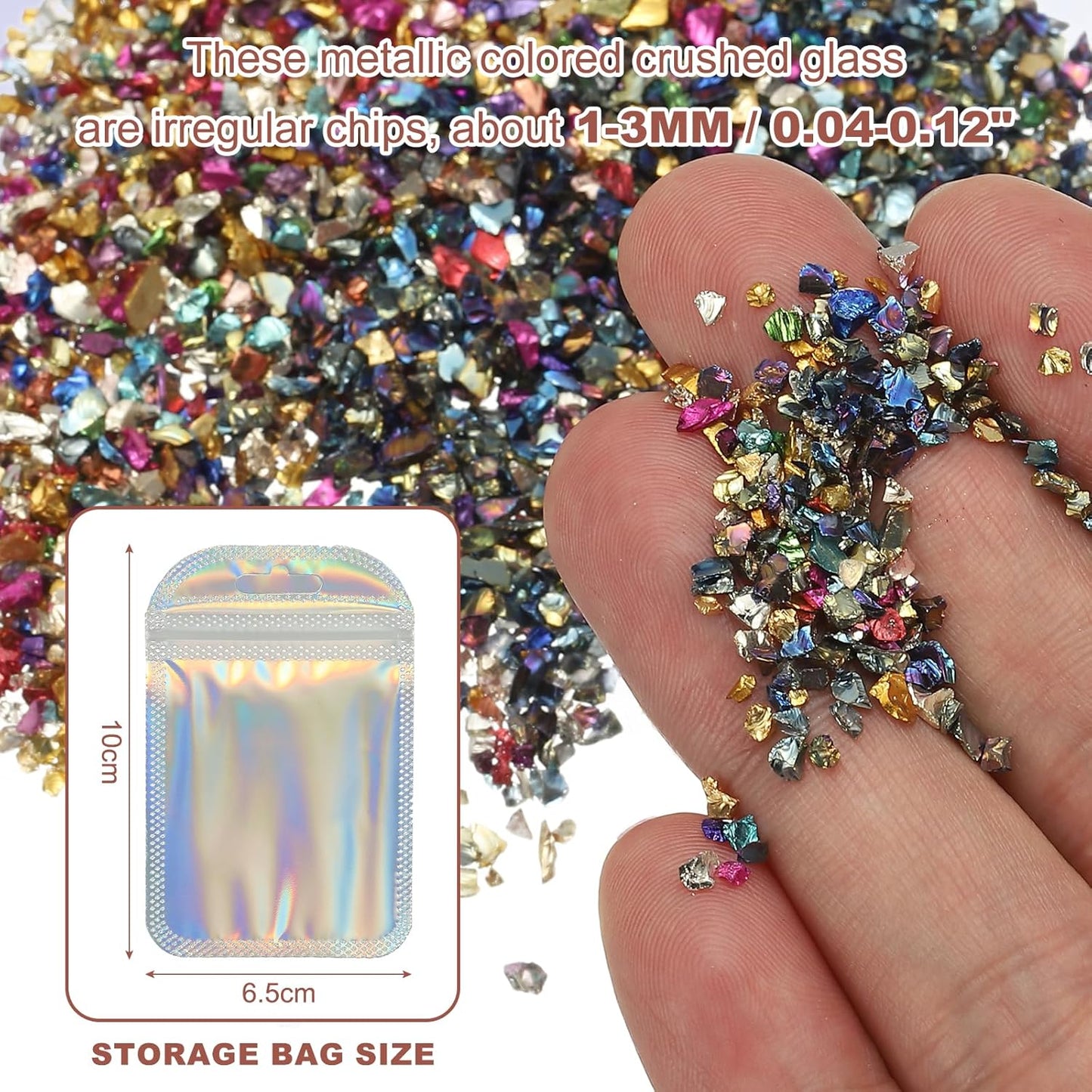 uxcell 6 Colors Crushed Glass Chips, 1-3mm Irregular Glitter Metallic Glass Broken Glasses Pieces with Laser Bag for Craft DIY Vase Epoxy Halloween Decoration 32g, Multicolor