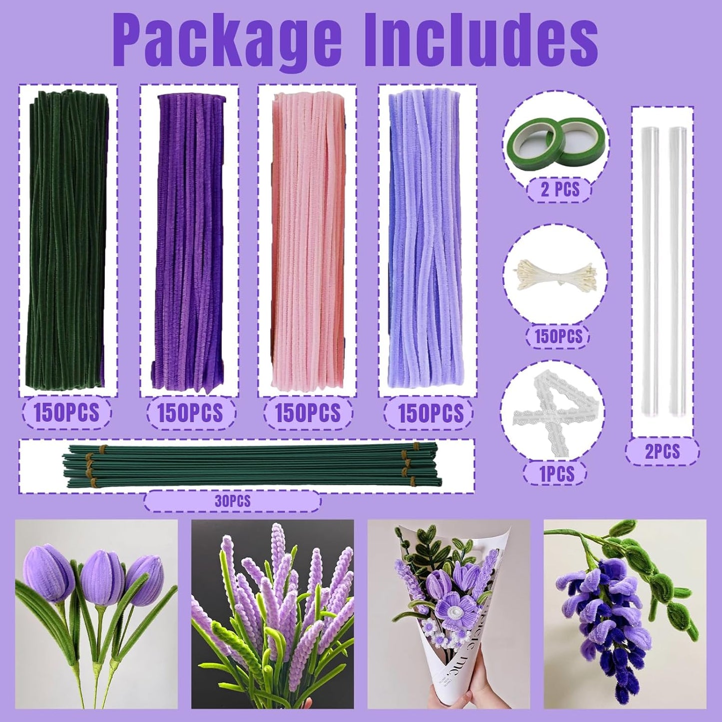 600 Pcs Purple Pipe Cleaners Craft for Flowers,Multiple Assorted Colors Pipe Cleaners Bulk, Chenille Stems for DlY Flower Making Kit.Pink Pipe Cleaners Craft Set(Purple)