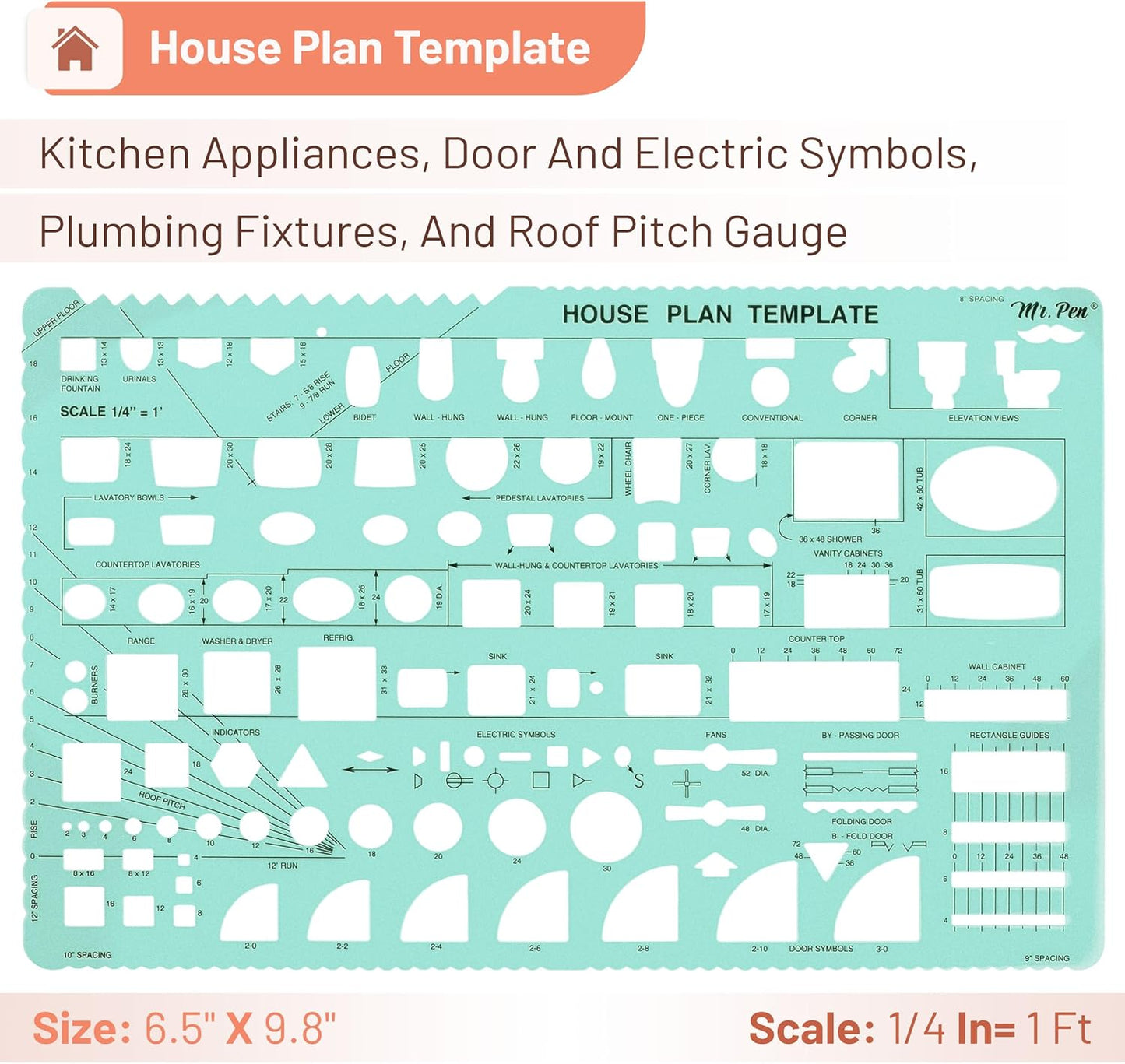 Mr. Pen- House Plan, 3 Pack, Green, Interior Design and Furniture Templates, Drafting Tools and Ruler Shapes for Architecture, Drafting Tools, Architecture Supplies, Drafting Templates