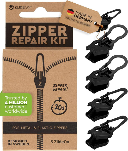 ZlideOn Zipper Pull Replacement - 5pcs, Black, Normal - Instant Zipper Replacement Slider Multipack