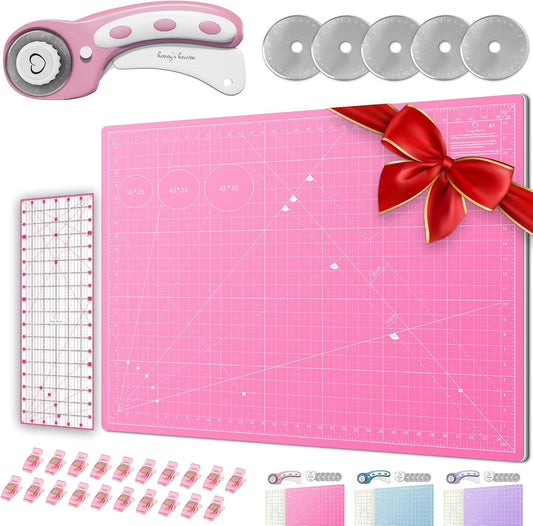 Rotary Cutter Set - Quilting Kit incl. 45mm Fabric Cutter, 5 Replacement Blades - Ideal for Crafting, Sewing, Patchworking, Crochet & Knitting (Pink, Cutting Mat Set (36" x 24"))