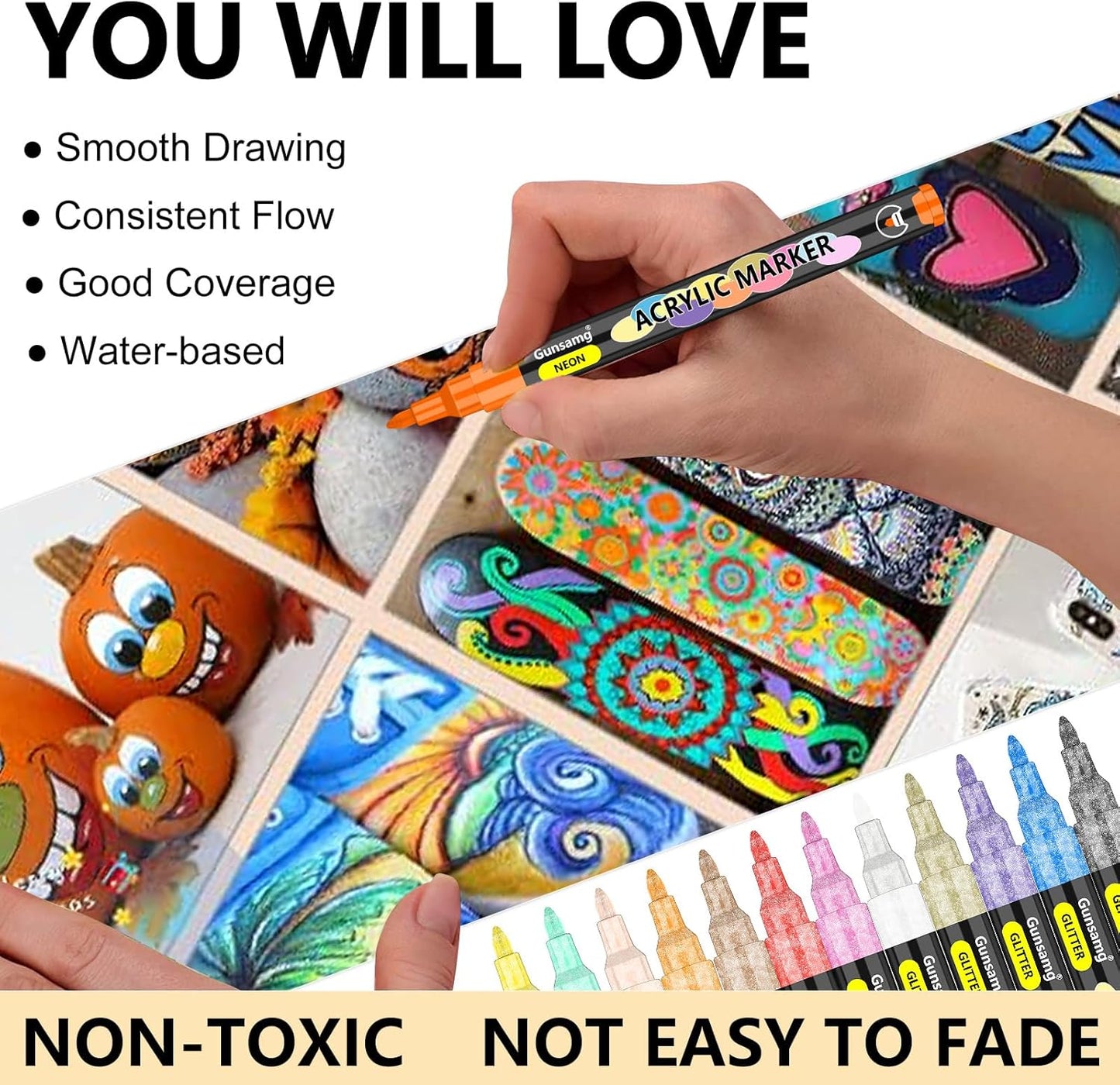 Gunsamg Fine Tip Acrylic Paint Markers – 100 Colors Acrylic Paint Pens for Rock, Glass, Wood, Stone, Ceramic, Fabric, Metal, Canvas – Permanent Waterproof No Bleed Paint Pens for Crafts & Art Supplies