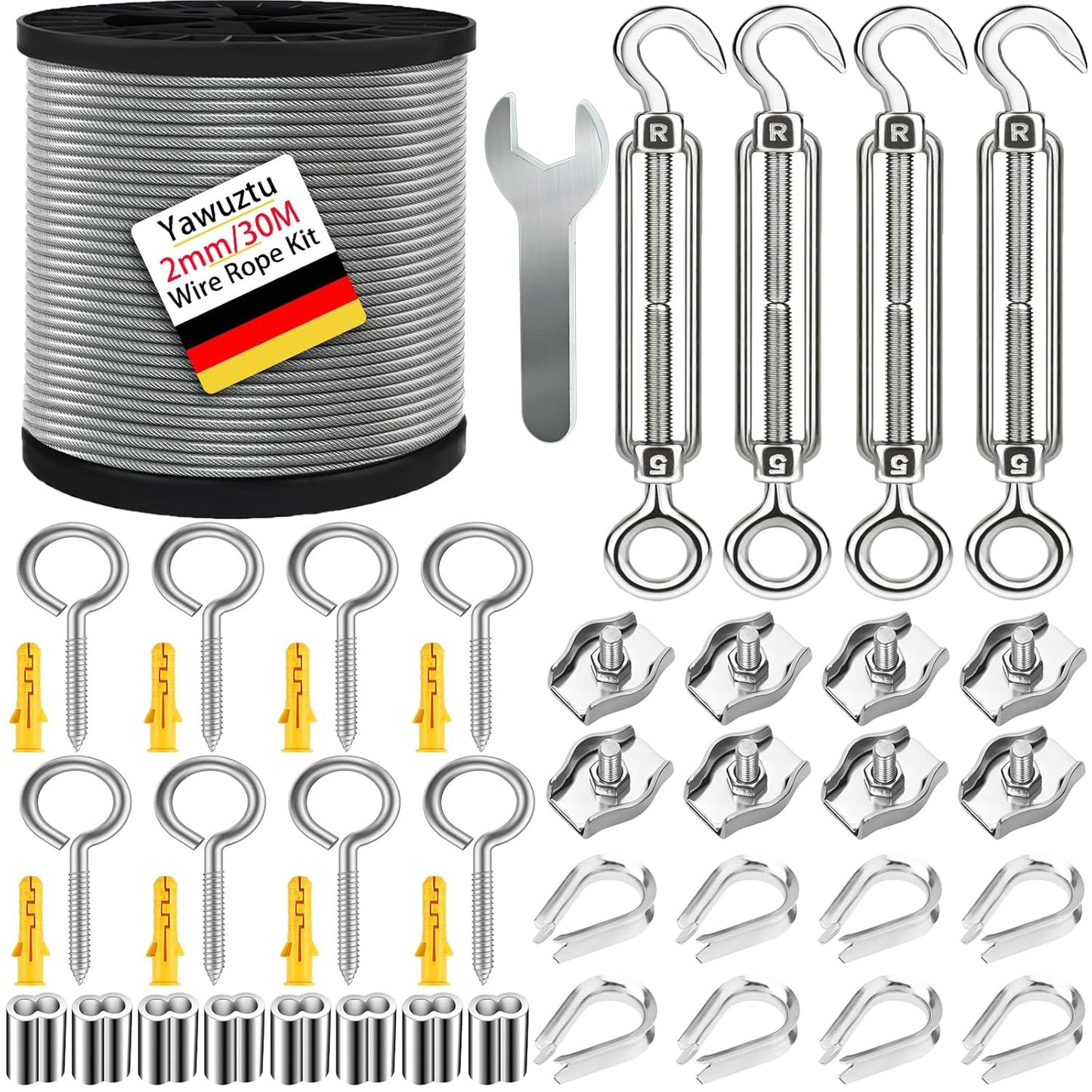 1/16 Inch Stainless Steel Cable 100FT with M5 Turnbuckle - 304 SS Wire Rope Kit for Outdoor Sun Shade, Garden, Deck (1/16" 100FT Wire Rope Kit)