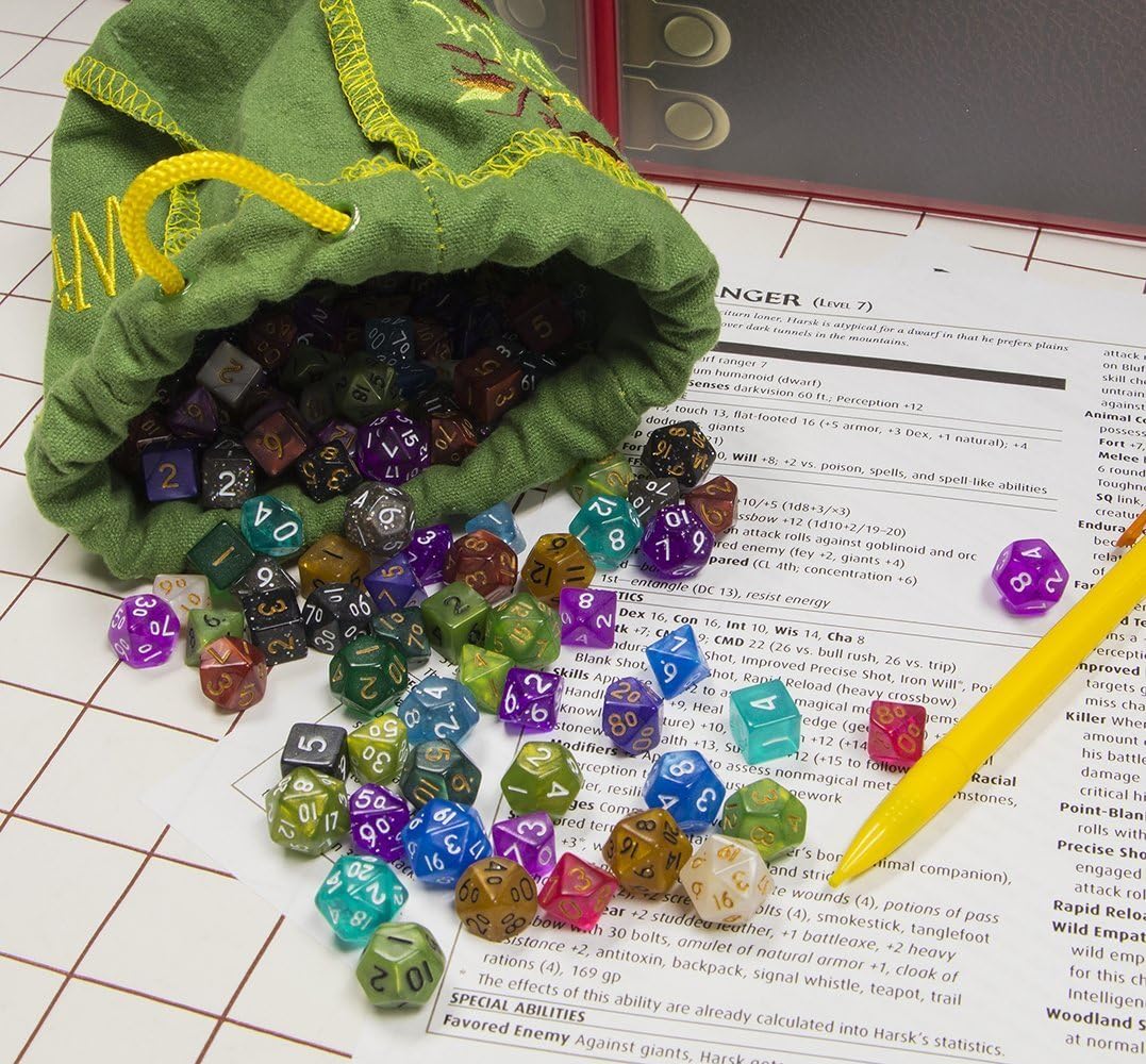 Wiz Dice Mini DND Dice Set - 140 Pieces Total (20 Sets of 7 Dice in Unique Colors) & Storage D&D Bag-Polyhedral Role Playing Dice - Perfect DND Accessories for TTRPG Dice - Hafling's Haversack